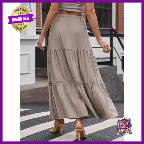 Boho Lace Trim Maxi Skirt with Pockets, Tiered Swing A-Line - Picture 5 of 7